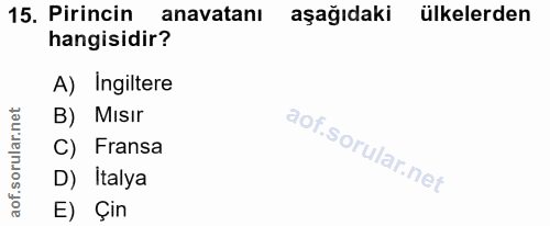 15. soru: Pirincin anavatanı aşağıdaki ülkelerden hangisidir? A) Ingiltere orular.net B) Mısır C) Fransa aof.s D) İtalya E) Çin