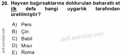 20. soru: Hayvan bağırsaklarına doldurulan baharatlı et ilk defa hangi uygarlık tarafından üretilmiştir? A) Pers B) Çin C) Babi…