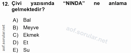 12. soru: Çivi yazısında "NINDA" ne anlama gelmektedir? A) Bal B) Meyve C) Ekmek D) Et E) Su
