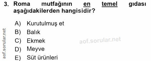 3. soru: Roma mutfağının en temel gıdası aşağıdakilerden hangisidir? A) Kurutulmuş et B) Balık C) Ekmek D) Meyve E) Süt ürünleri