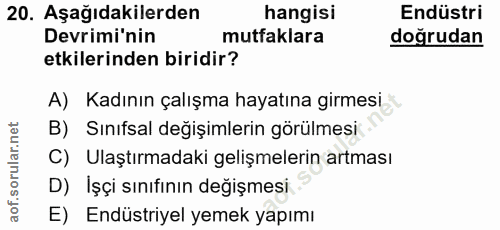 20. soru: Aşağıdakilerden hangisi Endüstri Devrimi'nin mutfaklara doğrudan etkilerinden biridir? A) Kadının çalışma hayatına gi…