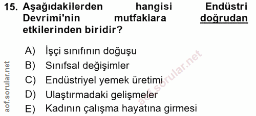 15. soru: Aşağıdakilerden hangisi Endüstri Devrimi'nin mutfaklara doğrudan etkilerinden biridir? A) İşçi sınıfının doğuşu lar.n…