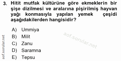 3. soru: Hitit mutfak kültürüne göre ekmeklerin bir şişe dizilmesi ve aralarına pişirilmiş hayvan yağı konmasıyla yapılan yeme…