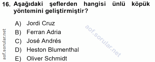 16. soru: Aşağıdaki şeflerden hangisi ünlü köpük yöntemini geliştirmiştir? A) Jordi Cruz B) Ferran Adria C) José Andrés D) Hest…