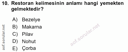 10. soru: Restoran kelimesinin anlamı hangi yemekten gelmektedir? A) Bezelye B) Makarna C) Pilav D) Nohut E) Çorba