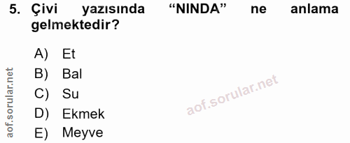 5. soru: Çivi yazısında "NINDA" ne anlama gelmektedir? A) Et B) Bal C) Su D) Ekmek E) Meyve
