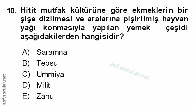 10. soru: Hitit mutfak kültürüne göre ekmeklerin bir şişe dizilmesi ve aralarına pişirilmiş hayvan yağı konmasıyla yapılan yeme…