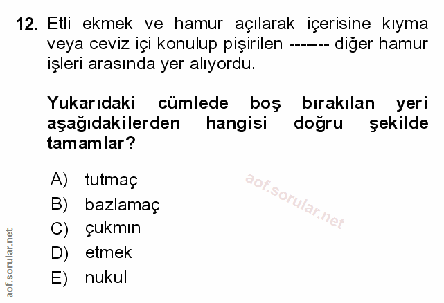 12. soru: Etli ekmek ve hamur açılarak içerisine kıyma veya ceviz içi konulup pişirilen ---- diğer hamur işleri arasında yer al…