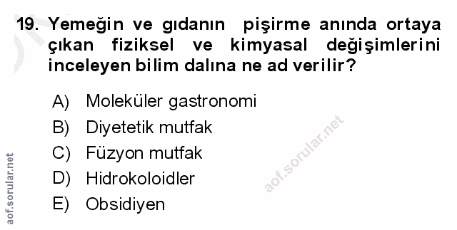 19. soru: Yemeğin ve gıdanın pişirme anında ortaya çıkan fiziksel ve kimyasal değişimlerini inceleyen bilim dalına ne ad verili…