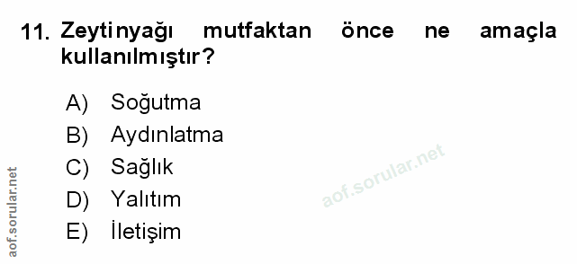 11. soru: Zeytinyağı mutfaktan önce ne amaçla kullanılmıştır? A) Soğutma B) Aydınlatma Sağlik D) Yalıtım E) Iletişim
