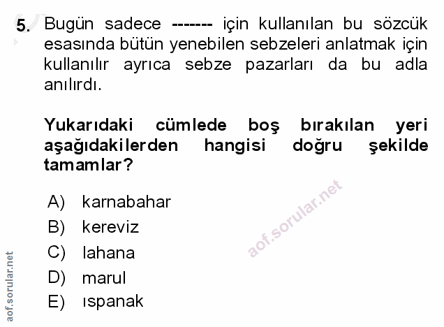 5. soru: Bugün sadece --- için kullanılan bu sözcük esasında bütün yenebilen sebzeleri anlatmak için kullanılır ayrıca sebze p…