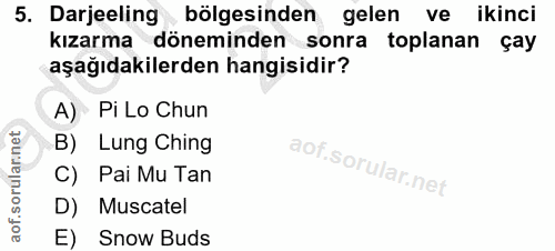 5. soru: Darjeeling bölgesinden gelen ve ikinci kızarma döneminden sonra toplanan çay aşağıdakilerden hangisidir? A) Pi Lo Chu…