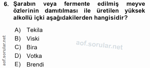 6. soru: Şarabın veya fermente edilmiş meyve özlerinin damıtılması ile üretilen yüksek alkollü içki aşağıdakilerden hangisidir…