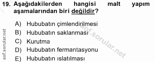 19. soru: Aşağıdakilerden hangisi malt yapım aşamalarından biri değildir? A) Hububatın çimlendirilmesi B) Hububatın saklanması.…