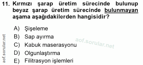 11. soru: Kırmızı şarap üretim sürecinde bulunup beyaz şarap üretim sürecinde bulunmayan aşama aşağıdakilerden hangisidir? A) Ş…