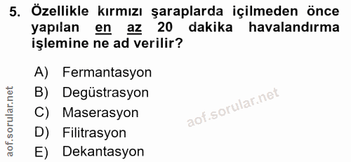 5. soru: Özellikle kırmızı şaraplarda içilmeden önce yapılan en az 20 dakika havalandırma işlemine ne ad verilir? A) Fermantas…