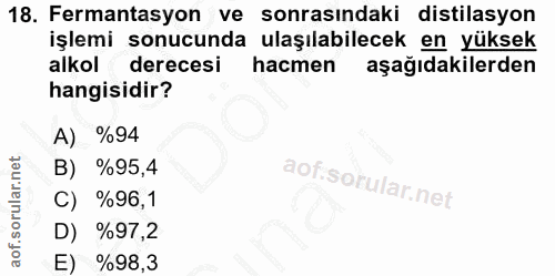 18. soru: Fermantasyon ve sonrasındaki distilasyon işlemi sonucunda ulaşılabilecek en yüksek alkol derecesi hacmen aşağıdakiler…