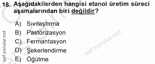 18. soru: Aşağıdakilerden hangisi etanol üretim süreci aşamalarından biri değildir? A) Sıvılaştırma B) Pastörizasyon C) Fermant…