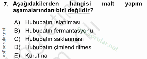 7. soru: Aşağıdakilerden hangisi malt yapım aşamalarından biri değildir? A) Hububatın ıslatılması B) Hububatın fermantasyonu C…