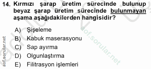 14. soru: Kırmızı şarap üretim sürecinde bulunup beyaz şarap üretim sürecinde bulunmayan aşama aşağıdakilerden hangisidir? A) Ş…