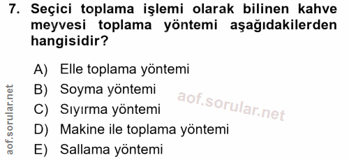 7. soru: Seçici toplama işlemi olarak bilinen kahve meyvesi toplama yöntemi aşağıdakilerden hangisidir? A) Elle toplama yöntem…