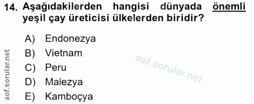 14. soru: Aşağıdakilerden hangisi dünyada önemli yeşil çay üreticisi ülkelerden biridir? A) Endonezya B) Vietnam C) Peru D) Mal…