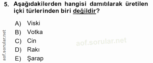 5. soru: Aşağıdakilerden hangisi damıtılarak üretilen içki türlerinden biri değildir? A) Viski B) Votka C) Cin D) Rakı E) Şarap