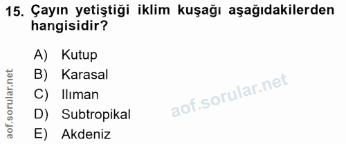 15. soru: Çayın yetiştiği iklim kuşağı aşağıdakilerden hangisidir? A) Kutup B) Karasal C) Ilıman D) Subtropikal E) Akdeniz