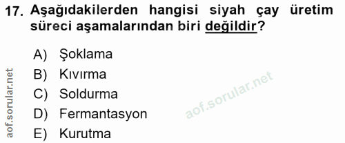 17. soru: Aşağıdakilerden hangisi siyah çay üretim süreci aşamalarından biri değildir? A) Şoklama B) Kıvırma C) Soldurma D) Fer…