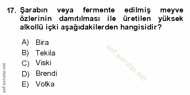 17. soru: ŞarabınK veya fermente edilmiş meyve özlerinin damıtılması ile üretilen yüksek alkollü içki aşağıdakilerden hangisidi…