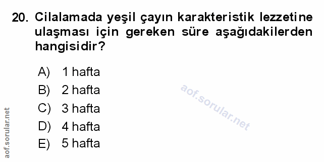20. soru: Cilalamada yeşil çayın karakteristik lezzetine ulaşması için gereken süre aşağıdakilerden hangisidir? A) 1 hafta B) 2…