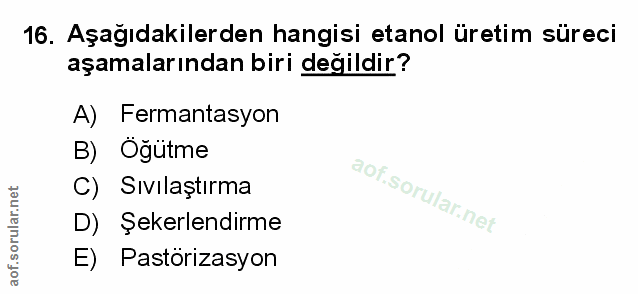 16. soru: Aşağıdakilerden hangisi etanol üretim süreci aşamalarından biri değildir? A) Fermantasyon B) Öğütme C) Sıvilaştırma D…