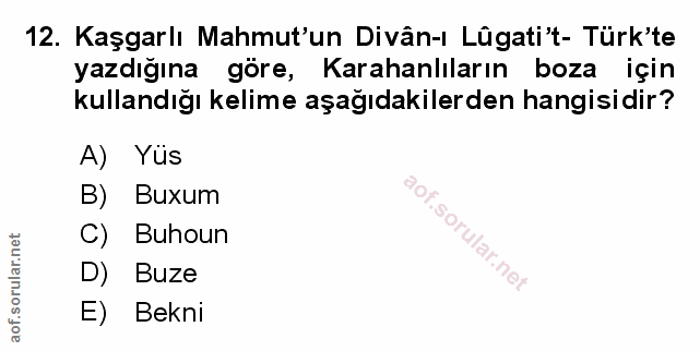 12. soru: Kaşgarlı Mahmut'un Divân-ı Lûgati't- Türk'te yazdığına göre, Karahanlıların boza için kullandığı kelime aşağıdakilerd…