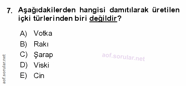7. soru: Aşağıdakilerden hangisi damıtılarak üretilen içki türlerinden biri değildir? A) Votka B) Rakı C) Şarap D) Viski E) Cin