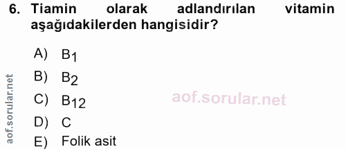 6. soru: Tiamin olarak adlandırılan vitamin aşağıdakilerden hangisidir? A) B1 B) B2 C) B12 D) C E) Folik asit