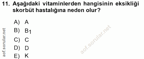 11. soru: Aşağıdaki vitaminlerden hangisinin eksikliği skorbüt hastalığına neden olur? A) A B) B1 C) C D) D E) K