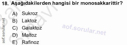 18. soru: Aşağıdakilerden hangisi bir monosakkarittir? A) Sukroz B) Laktoz C) Galaktoz D) Maltoz E) Rafinoz