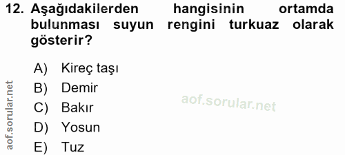 12. soru: Aşağıdakilerden hangisinin ortamda bulunması suyun rengini turkuaz olarak gösterir? A) Kireç taşı net B) Demir aor so…