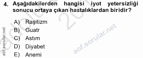 4. soru: Aşağıdakilerden hangisi iyot yetersizliği sonucu ortaya çıkan hastalıklardan biridir? A) Raşitizm B) Guatr C) Astım D…