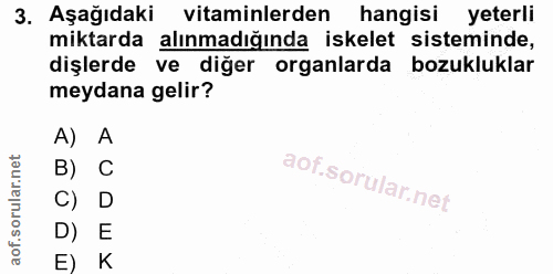 3. soru: Aşağıdaki vitaminlerden hangisi yeterli miktarda alınmadığında iskelet sisteminde, dişlerde ve diğer organlarda bozuk…