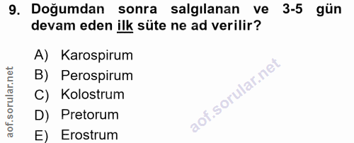 9. soru: Doğumdan sonra salgılanan ve 3-5 gün devam eden ilk süte ne ad verilir? A) Karospirum B) Perospirum C) Kolostrum D) P…