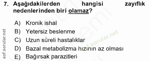 7. soru: Aşağıdakilerden hangisi zayıflık nedenlerinden biri olamaz? A) Kronik ishal B) Yetersiz beslenme orular.net C) Uzun s…