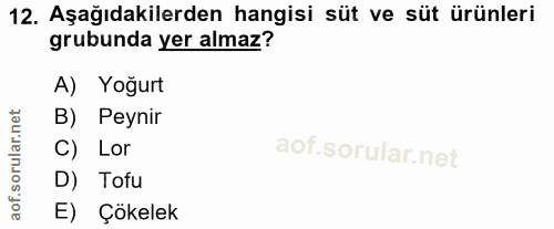 12. soru: Aşağıdakilerden hangisi süt ve süt ürünleri grubunda yer almaz? A) Yoğurt B) Peynir C) Lor D) Tofu aof. E) Çökelek