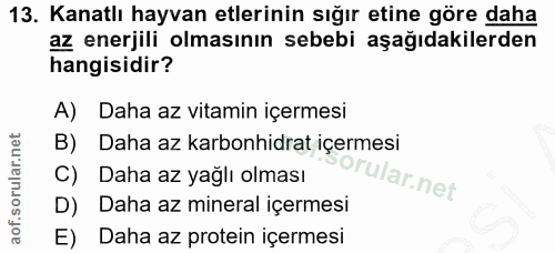 13. soru: Kanatlı hayvan etlerinin sığır etine göre daha az enerjili olmasının sebebi aşağıdakilerden hangisidir? A) Daha az vi…