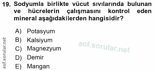 19. soru: Sodyumla birlikte vücut sıvılarında bulunan ve hücrelerin çalışmasını kontrol eden mineral aşağıdakilerden hangisidir…