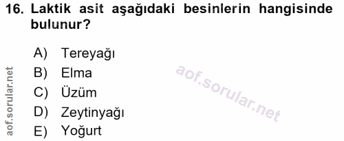16. soru: Laktik asit aşağıdaki besinlerin hangisinde bulunur? A) Tereyağı B) Elma C) Üzüm D) Zeytinyağı E) Yoğurt