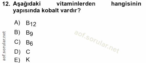 12. soru: Aşağıdaki vitaminlerden hangisinin yapısında kobalt vardır? A) B12 B) Bg C) B6 D) C E) K