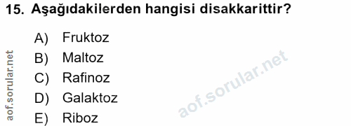 15. soru: Aşağıdakilerden hangisi disakkarittir? A) Fruktoz rular.n B) Maltoz C) Rafinoz aof.so D) Galaktoz E) Riboz