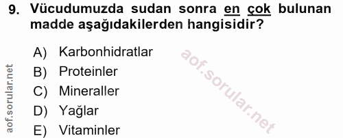 9. soru: Vücudumuzda sudan sonra en çok bulunan madde aşağıdakilerden hangisidir? A) Karbonhidratlar B) Proteinler C) Minerall…
