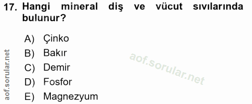 17. soru: Hangi mineral diş ve vücut sivilarında bulunur? A) Çinko B) Bakır C) Demir D) Fosfor E) Magnezyum